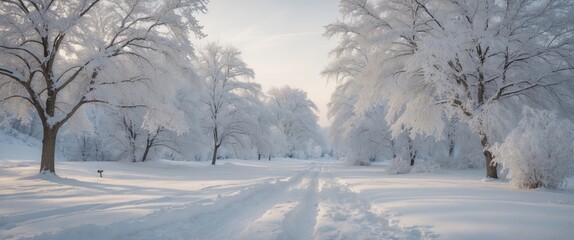 Obraz premium Winter landscape covered in fresh white snow with frosted trees lining a serene pathway under a soft cloudy sky.