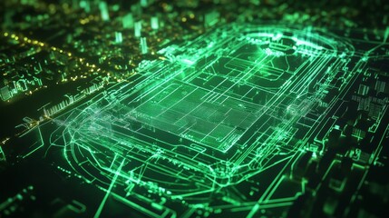 Futuristic Cityscape Digital Network - Abstract green digital network, futuristic city, glowing lines, technology concept.  High tech urban landscape.