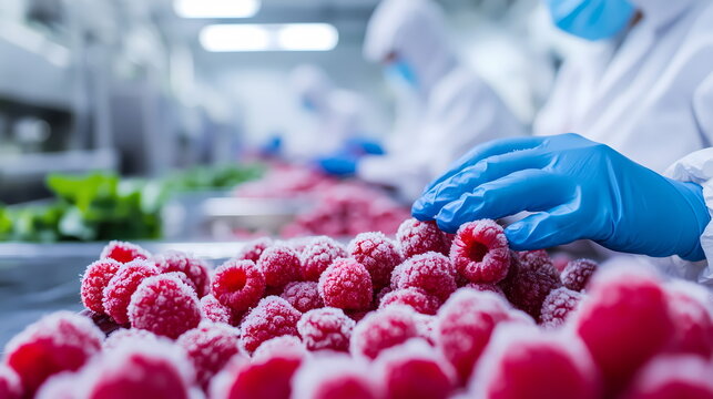 Food processing workers selecting frozen raspberries in industrial facility