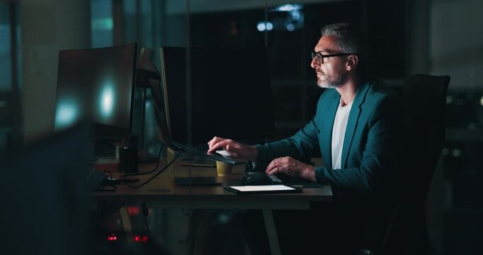 Mature, businessman or night with laptop for project deadline, company audit or or financial analysis at office. Man, employee or auditor working late with computer for accounting, report or strategy