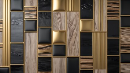 3D wallpaper design featuring decorative mosaic of wood, matte gold, black leather, and golden...