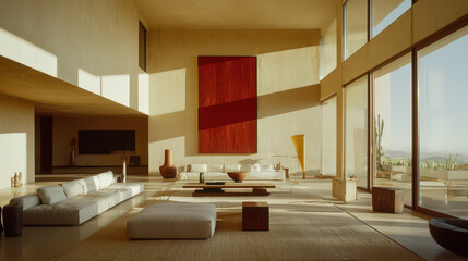 Modern minimalist interior, sunlit living room with large windows showcasing a desert landscape.