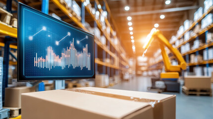 modern warehouse featuring robotic arms and digital screen displaying data analytics