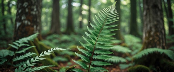 Close-up of a vibrant fern leaf surrounded by lush greenery in a tranquil forest setting, emphasizing nature's intricate details.