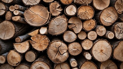 Fototapeta premium Texture of freshly cut tree branches showcasing natural wood patterns and rings with detailed grain and cracks in a stacked arrangement.