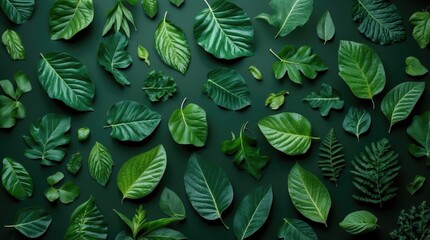 Vibrant green leaf pattern on a dark background showcasing diverse foliage for nature and botanical themes.