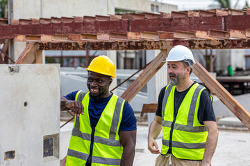 Two male engineers from different cultures and ages work together in a floor making factory. Senior supervisor discusses with his African engineer checking the concrete wall production system