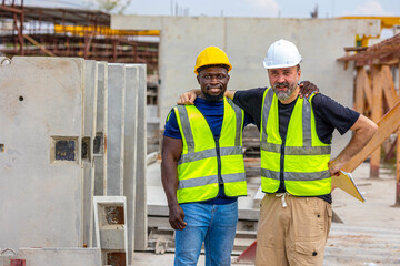 Two male engineers from different cultures and ages work together in a floor making factory. Senior supervisor discusses with his African engineer checking the concrete wall production system