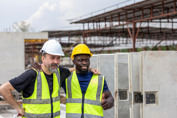 Two male engineers from different cultures and ages work together in a floor making factory. Senior supervisor discusses with his African engineer checking the concrete wall production system