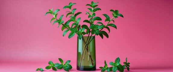 Fresh peppermint sprigs in a tall green vase on a vibrant pink background creating a refreshing and modern aesthetic for your projects