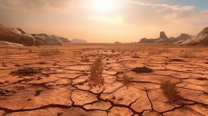 Fototapeta premium Stunning Desert Landscape: Dry, Cracked Earth Under Sunset Sky