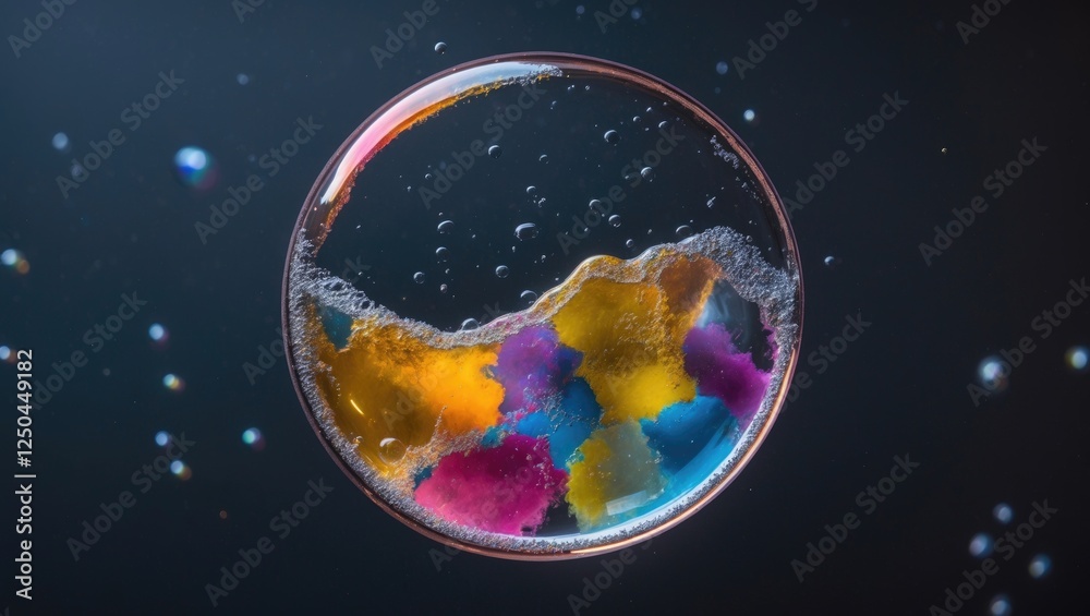 Poster closeup of a half bubble featuring vibrant abstract patterns and colors against a dark background cr