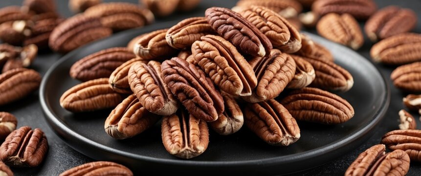 Close-up of freshly harvested pecan nuts arranged elegantly on a black plate showcasing their rich textures and natural colors.