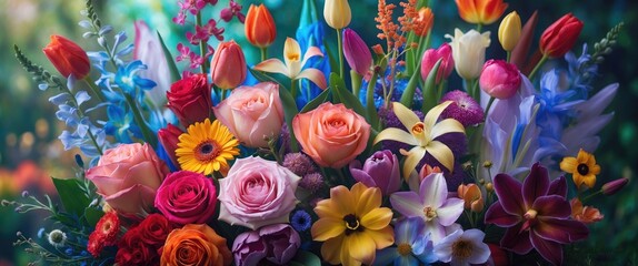 Vibrant bouquet featuring diverse flowers in a colorful arrangement with lush green background creating a joyful floral display.