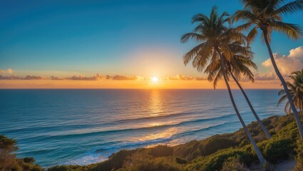 Obraz premium Coastal sunset with bright sun over ocean horizon, swaying palm trees, and clear blue sky providing ample room for text display.