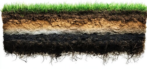 Detailed Cross Section of Soil Layers with Grass and Roots Illustrating Soil Composition and Geographical Structure in Natural Landscapes
