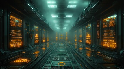 Futuristic spaceship corridor, glowing panels,  cyberpunk atmosphere, science fiction background