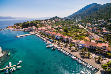 Trpanj Waterfront Aerial View, Peljesac Peninsula, Southern Croatia. Picturesque Coastal Village with Palm Lined Promenade, and Blue Adriatic Waters