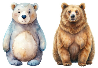 Cute watercolor bears, playful animal illustration, friendly character design, nature-themed artwork, children's book style.