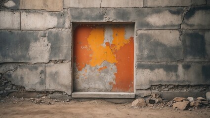 Textured concrete wall with weathered orange patch highlighting rough industrial aesthetic and urban decay ideal for interior design or art projects.