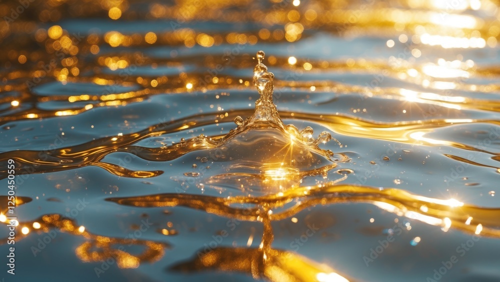 Poster close-up of shimmering golden water texture with reflections and droplets creating an abstract and v