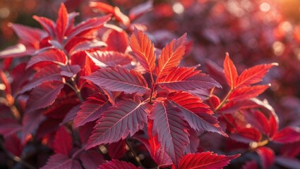 Vibrant red leaves illuminated by warm sunlight showcasing intricate details in the veins during autumn transformation.