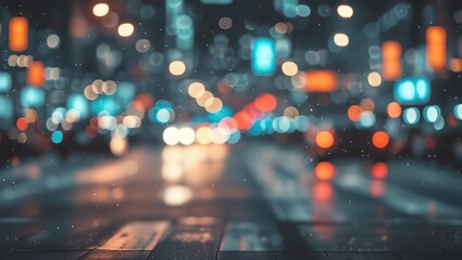 Fototapeta premium Vintage urban bokeh lights creating a dreamy abstract background with blurred city traffic and glowing street elements at night.