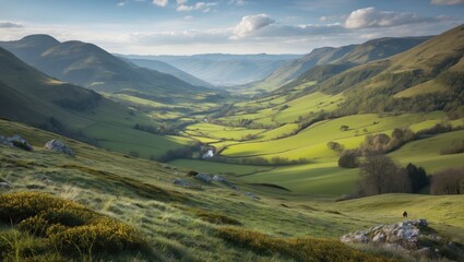Naklejka premium Breathtaking panoramic view of a lush green valley surrounded by rolling hills under a serene sky showcasing nature's beauty and tranquility.