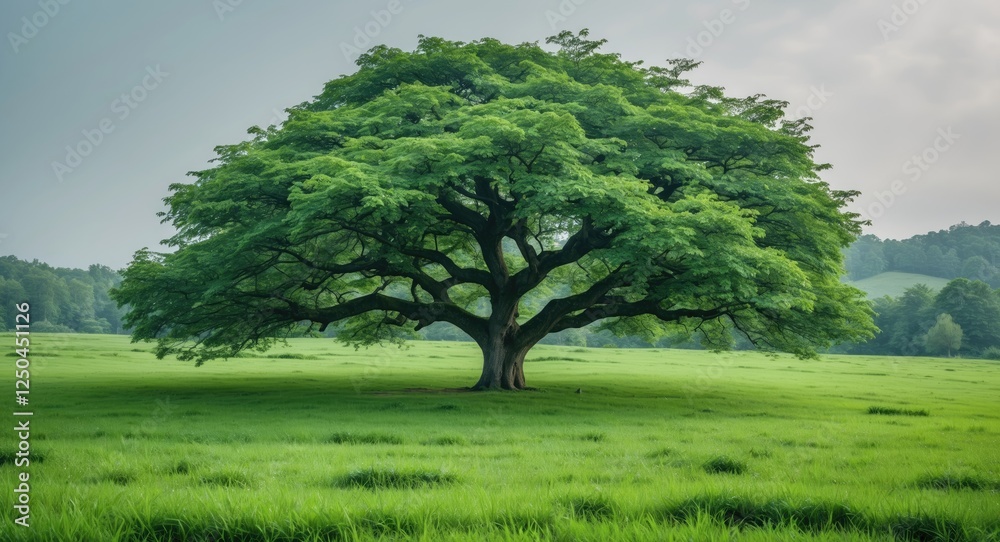 Wall mural lush green tree on vibrant meadow with expansive space for text and design elements ideal for nature
