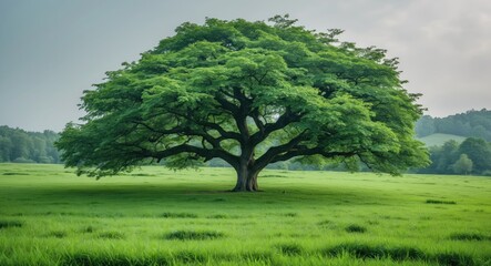 Fototapeta premium Lush Green Tree on Vibrant Meadow with Expansive Space for Text and Design Elements Ideal for Nature and Outdoor Themes