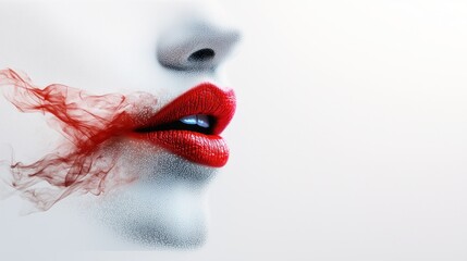 Woman's red lips exhale smoke, profile view, white background, beauty concept