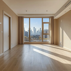 Obraz premium Empty room with city view, hardwood floors, and natural light, ideal for real estate listings