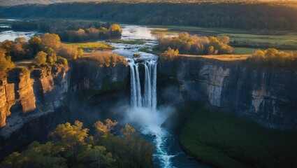 Fototapeta premium Majestic Aerial View of a Serene Waterfall Cascading Over Cliffs Surrounded by Lush Greenery at Sunset