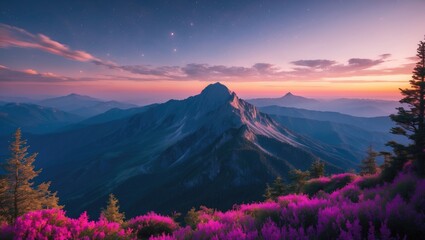 Majestic Mountain Range Under a Twilight Sky with Vibrant Wildflowers in the Foreground Creating a Serene Nature Panorama