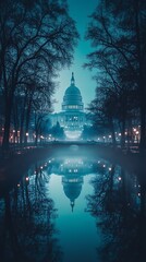 Misty Capitol Reflection at Night