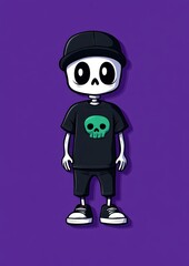 A playful cartoon skeleton stands confidently in a black outfit featuring a green skull graphic. This character wears a matching cap and shoes, striking a fun pose against a vibrant purple backdrop