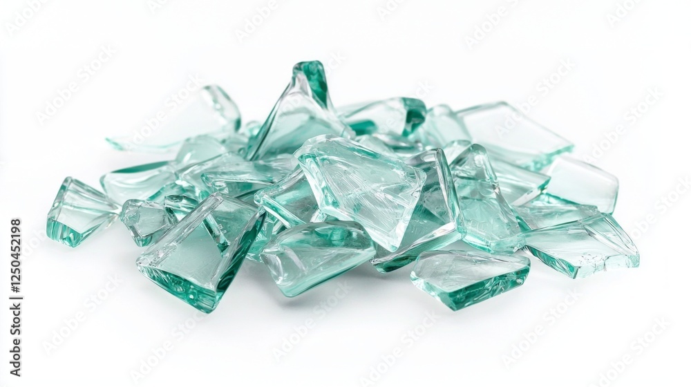 Poster Broken pieces of glass lay in an artistic arrangement on a pristine white background, capturing light and shadow in a mesmerizing way