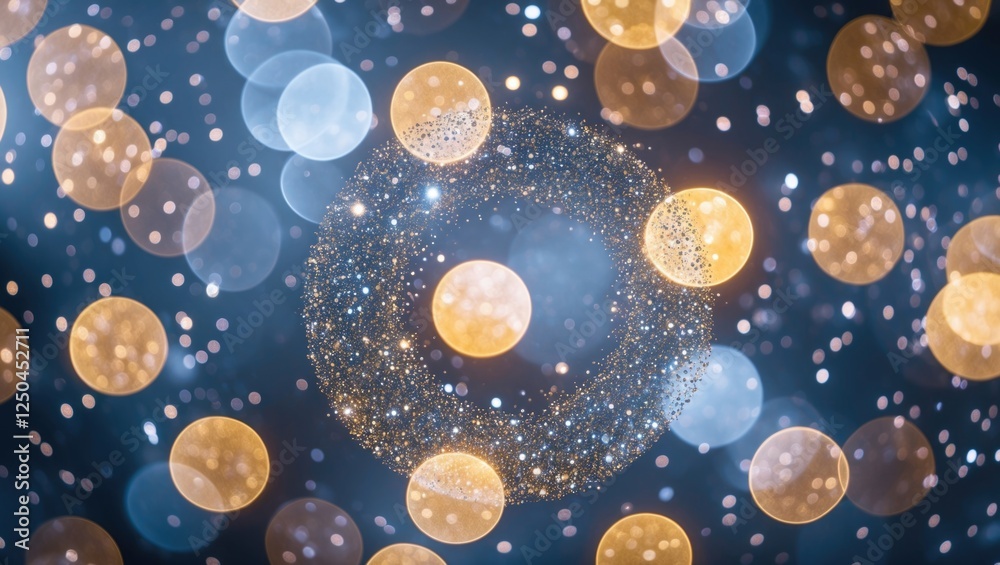 Poster abstract shimmering bokeh background with defocused golden and blue lights creating a tranquil and s