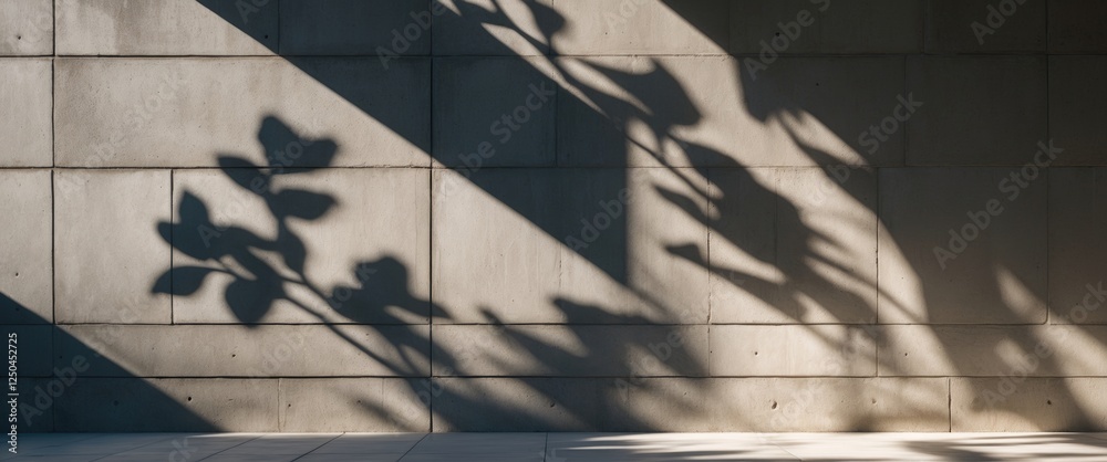 Poster abstract shadows of foliage on a concrete wall illuminated by soft diagonal light creating a dynamic