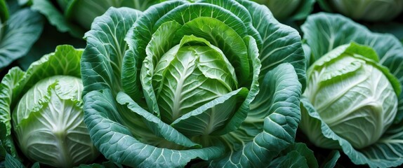 Fototapeta premium Fresh green cabbage heads in a lush garden setting showcasing natural textures and vibrant colors for culinary or agricultural themes.