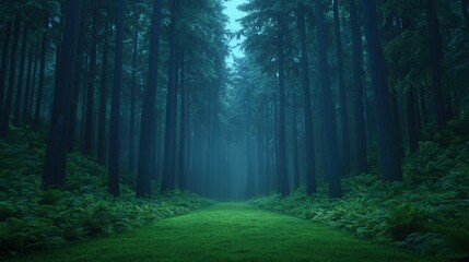 Fototapeta premium Mysterious forest pathway enchanted woods landscape tranquil environment misty viewpoint