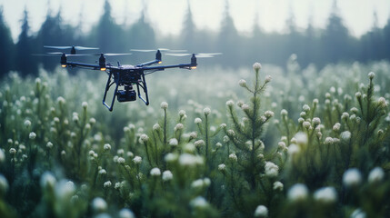 A drone-powered reforestation system dispersing seeds over a vast deforested land, with AI technology optimizing tree planting for environmental restoration.