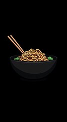 A steaming bowl of perfectly cooked noodles is presented, garnished with green vegetables. The chopsticks rest gently on the edge, ready for a flavorful dining experience