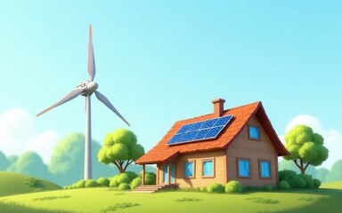 Eco-Friendly House with Solar Panels and Wind Turbine Landscape