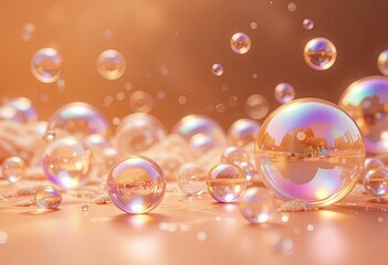 Fototapeta premium A Composition of Sparkling, Transparent Bubbles in a Pastel Peach Setting, Perfect for Skincare Products