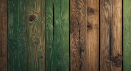 Naklejka premium Vintage wooden planks with green and brown hues showcasing natural textures and patterns ideal for wallpaper and interior design applications.