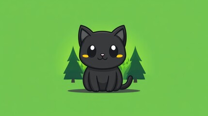 Fototapeta premium A small and adorable black cat with big eyes and yellow cheeks sits happily on a bright green background surrounded by stylized trees. The cheerful atmosphere radiates joy and playfulness