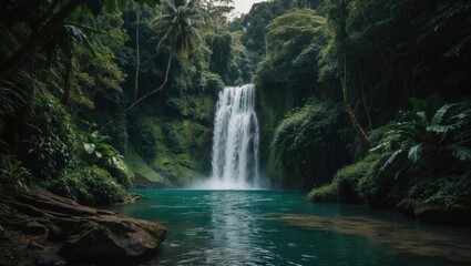 Naklejka premium Serene Waterfall Surrounded by Lush Jungle Vegetation and Crystal Clear Pool