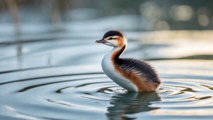 Young grebe chick on tranquil water with soft ripples and reflections showcasing the beauty of serene aquatic life in nature.