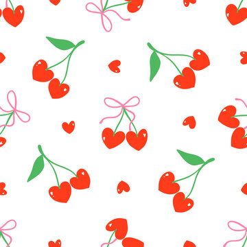 Cute red cherry heart valentine seamless pattern Girly trendy background Digital paper